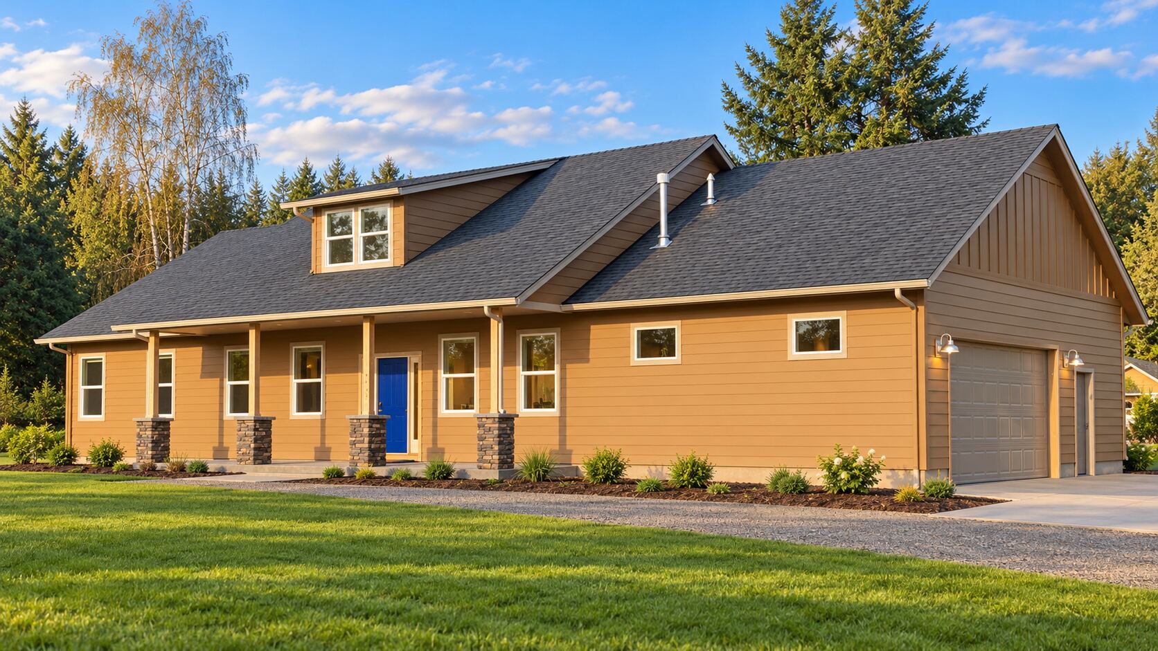 Custom home built by MP Construction, tan lap siding with a covered porch on stone piers and a blue front door